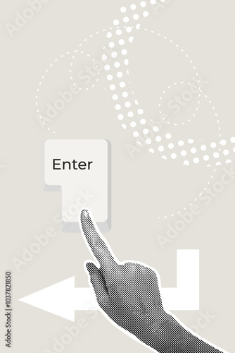 Fashionable halftone collage. Enter key combination. Entering, confirming, sending a message. Keyboard, computer, keyboard shortcut, laptop, input device, hotkeys.