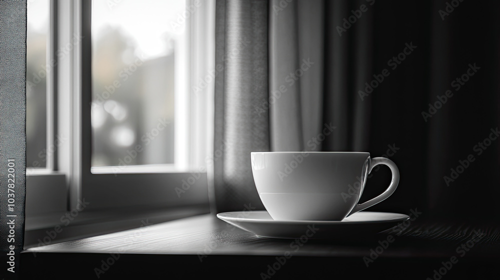A coffee cup on the table in front of the windowsill, black and white image A coffee cup on the table in front of the windowsill, black and white image
