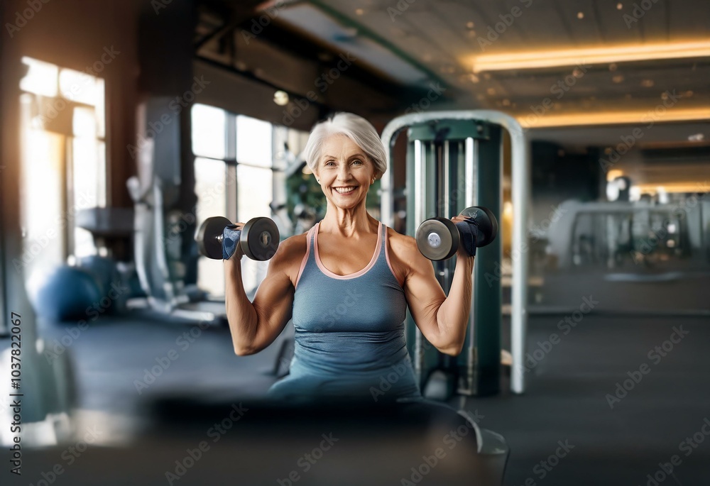 Fototapeta premium A smiling mature woman lifting weights at the gym.