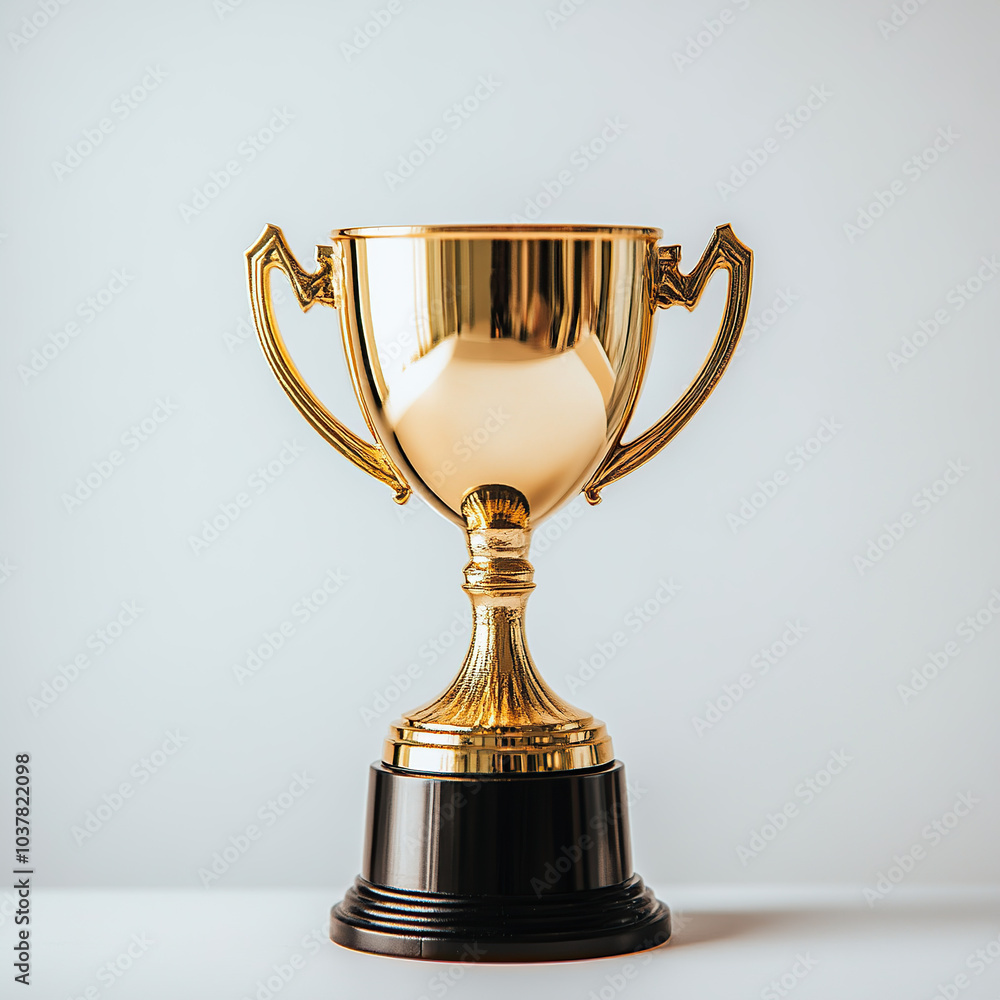 A gold trophy with a black base and a solid color background A gold trophy with a black base and a solid color background
