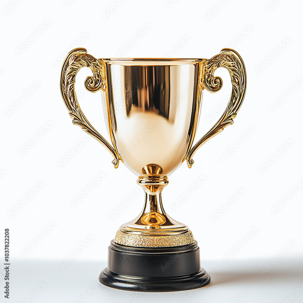 A gold trophy with a black base and a solid color background A gold trophy with a black base and a solid color background