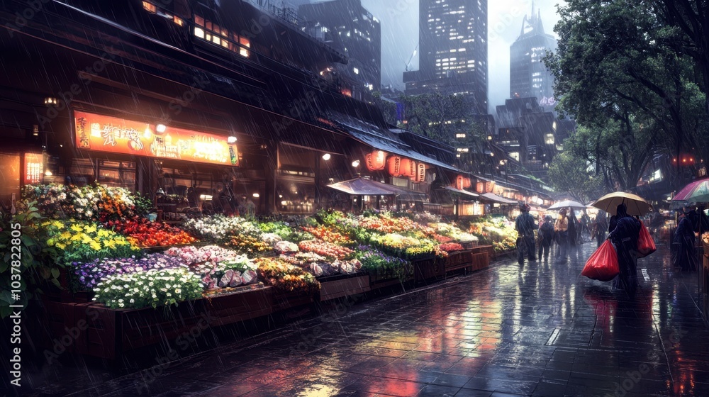 Fototapeta premium Rainy Night Market Street Scene with Vibrant Produce and Cityscape