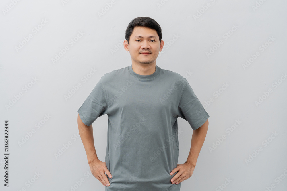 Happy expression of adult Asian man with casual t-shirt isolated on white background Happy expression of adult Asian man with casual t-shirt isolated on white background
