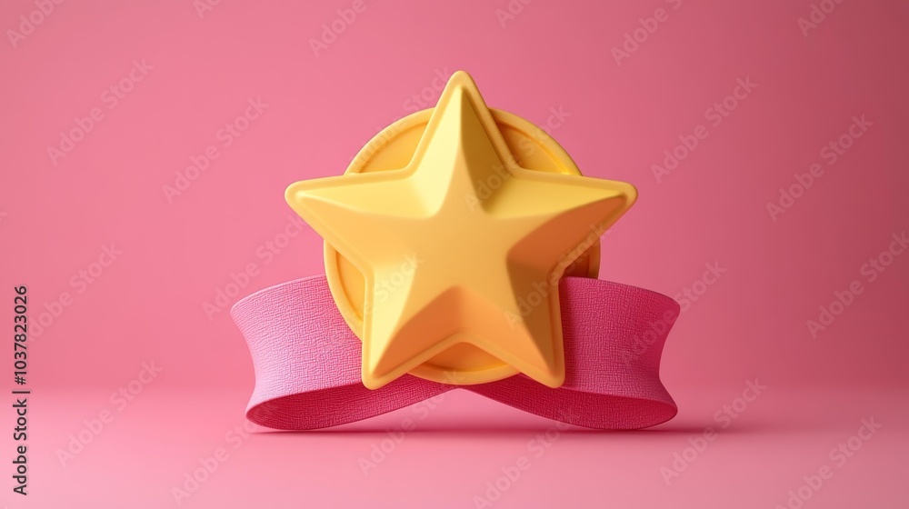3D gold star badge with pink ribbon on pastel background representing achievement and rewards. Generative AI 3D gold star badge with pink ribbon on pastel background representing achievement and rewards. Generative AI