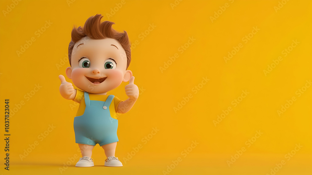 Joyful 3D Cartoon Toddler Giving a Thumbs Up Against a Bright Yellow Background, Radiating Happiness and Innocence - Joyful 3D Cartoon Toddler Giving a Thumbs Up Against a Bright Yellow Background, Radiating Happiness and Innocence -