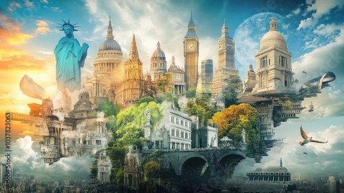 World Landmarks United in a Fantasy Landscape