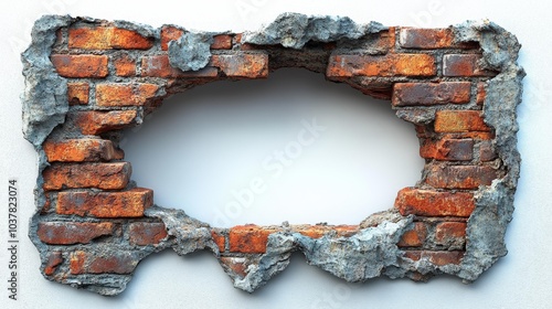 Fototapeta Naklejka Na Ścianę i Meble -  3D broken brick wall opening with white background. Generative AI