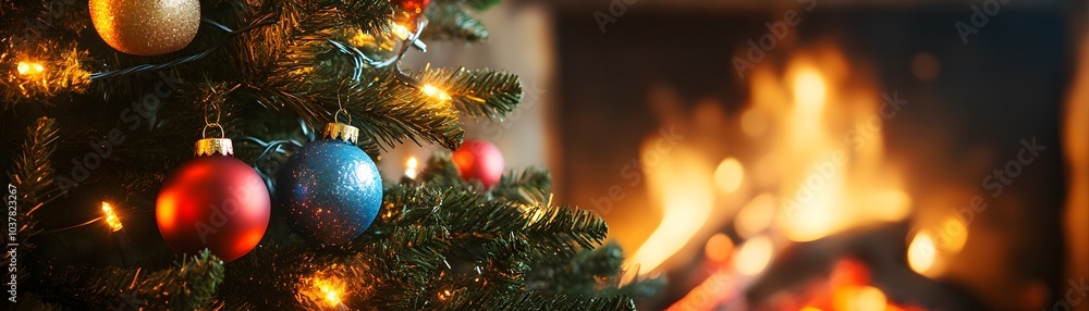 Decorated Christmas Tree Branch with Ornaments and Lights in Front of a Cozy Fireplace Decorated Christmas Tree Branch with Ornaments and Lights in Front of a Cozy Fireplace