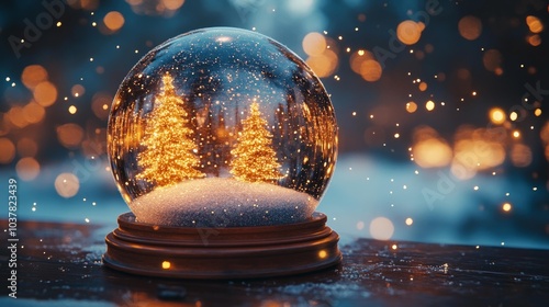 Snow Globe with Glowing Christmas Trees on a Wooden Table. Generative AI