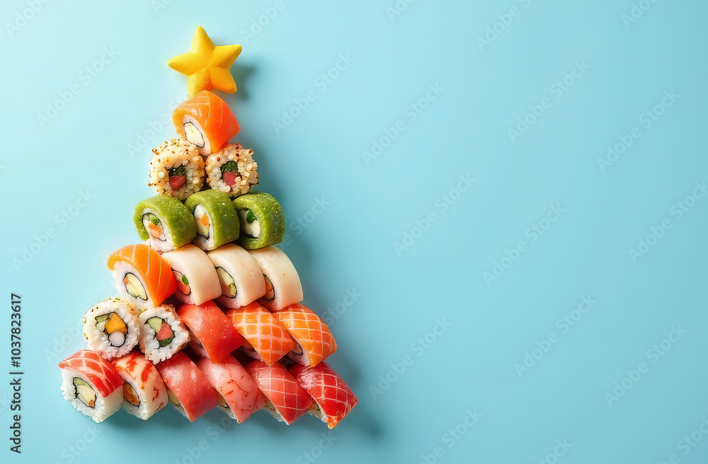 Christmas tree made of colourful sushi rolls, sashimi and nigiri with golden star on top on a light blue background. Copy space. Christmas tree made of colourful sushi rolls, sashimi and nigiri with golden star on top on a light blue background. Copy space.