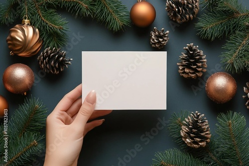 female hand holding blank paper card on background of christmas decorations. Christmas greeting card mockup. top view