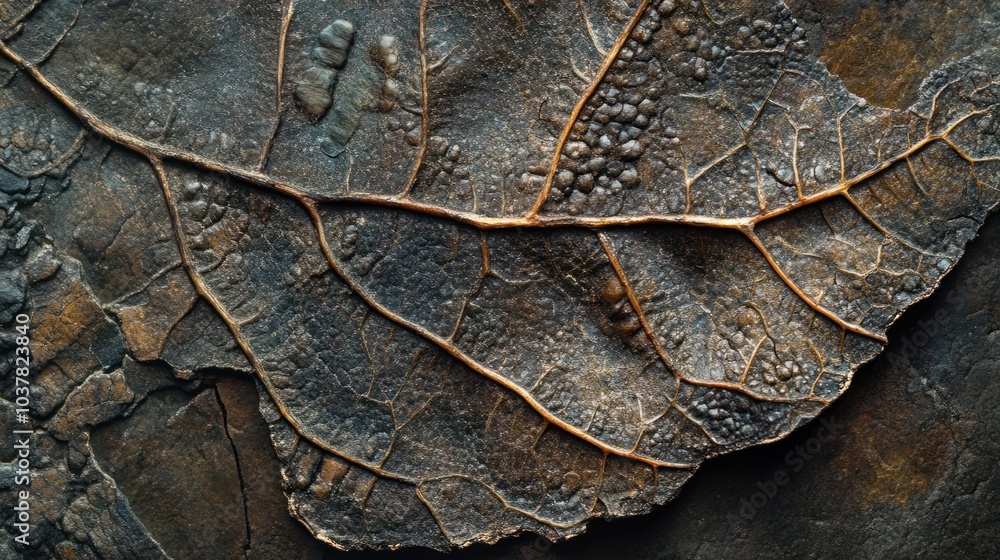 Close-up of a fossilized leaf with intricate details of its veins and edges, from the Paleozoic era. Close-up of a fossilized leaf with intricate details of its veins and edges, from the Paleozoic era.