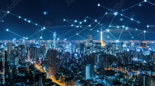 Wallpaper Mural Night cityscape with digital network connections overlay. Torontodigital.ca