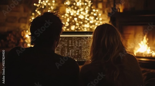 Couple Enjoying Cozy Evening by Fireplace Christmas Lights and Laptop Screen