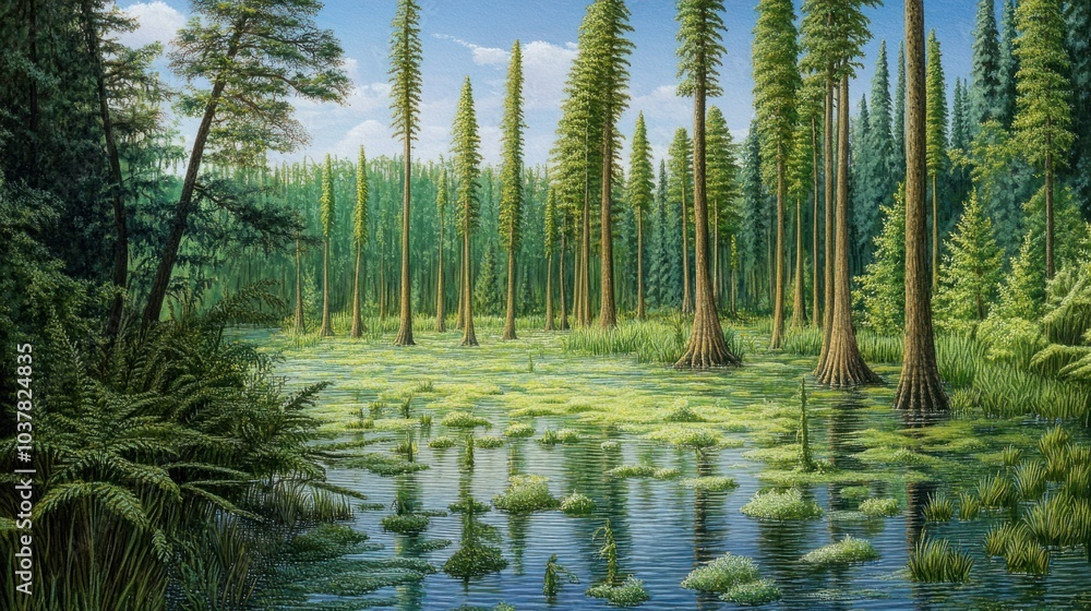 Obraz premium Dense swamp of towering horsetails and early ferns during the Carboniferous period.