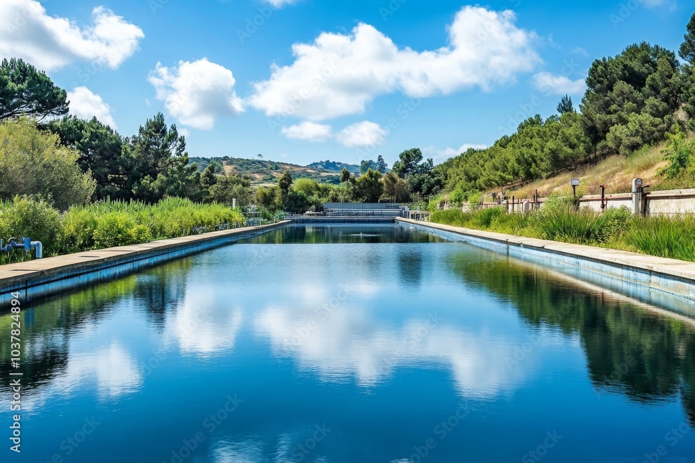 A modern water desalination plant, with advanced filtration systems and digital control panels enhancing water management A modern water desalination plant, with advanced filtration systems and digital control panels enhancing water management