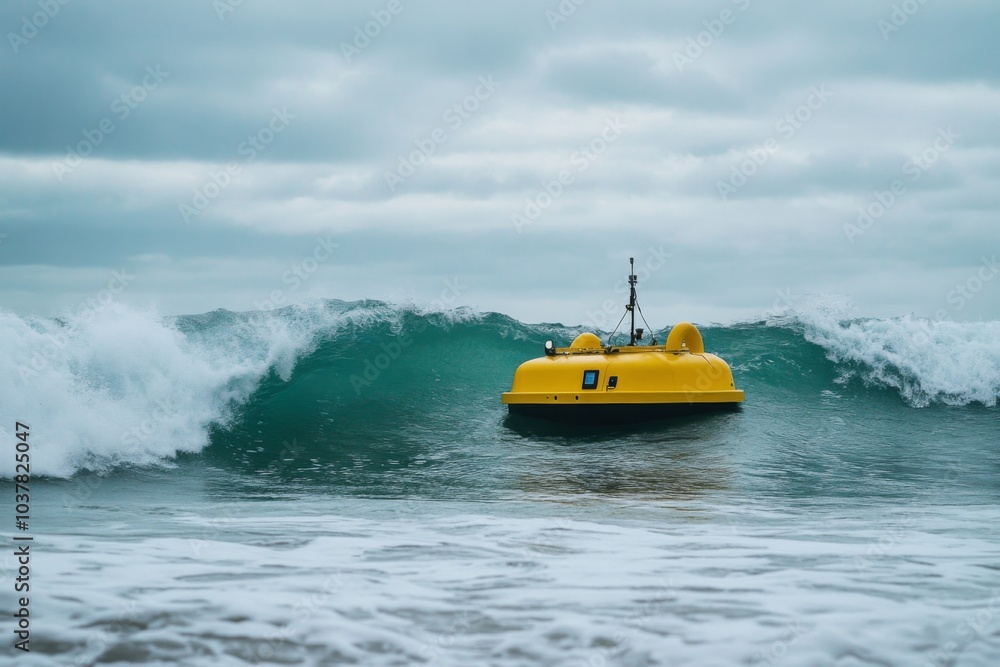 Fototapeta premium A wave energy converter device harnessing ocean waves, with smart technology tracking the movement and power generated