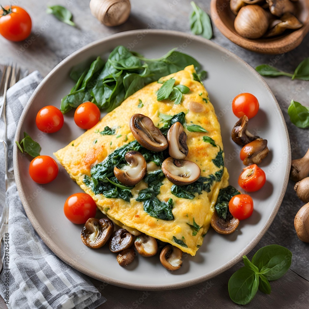 Freshly cooked omelet with spinach mushrooms and tomatoes on rustic plate with herbs, set on wooden table
Freshly cooked omelet with spinach mushrooms and tomatoes on rustic plate with herbs, set on wooden table