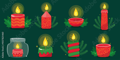 Collection of burning christmas candles. Red and green festive candles. New year. Striped candles, candles with ornaments, fir branches, leaves. Vector illustration for a holiday card. Magic.