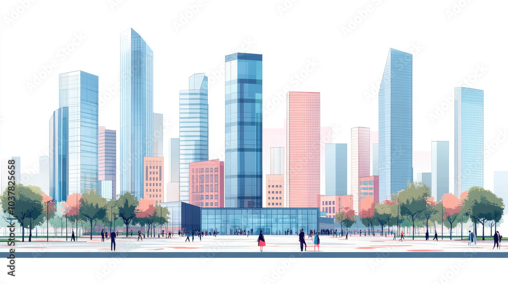 Fototapeta premium Skyscrapers and exhibition hall facades in the city