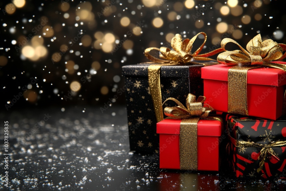 Elegant red and black Christmas gift boxes with golden ribbons, arranged against a dark backdrop with sparkling snowflakes Elegant red and black Christmas gift boxes with golden ribbons, arranged against a dark backdrop with sparkling snowflakes
