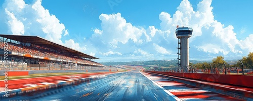 A vibrant racetrack scene under a clear blue sky, showcasing grandstands and a control tower.