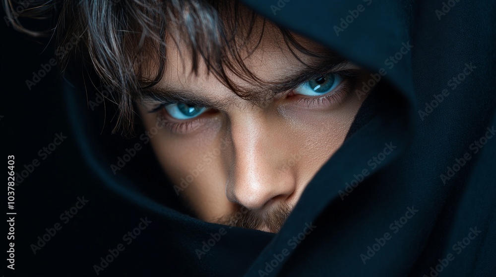 Intense gaze of a young man in a dark hooded cloak Intense gaze of a young man in a dark hooded cloak