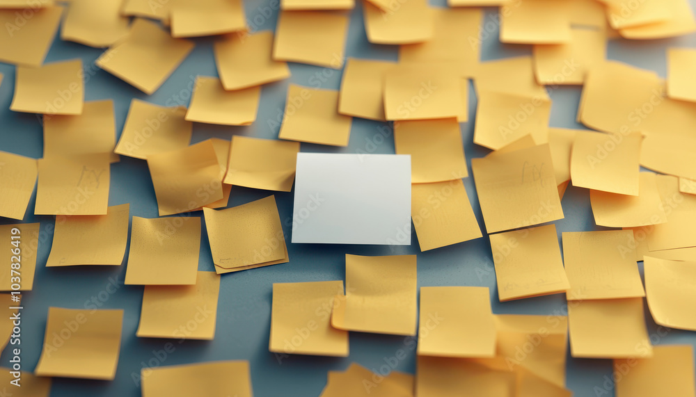 A blank white sticky note surrounded by numerous yellow sticky notes, representing ideas and organization. A blank white sticky note surrounded by numerous yellow sticky notes, representing ideas and organization.