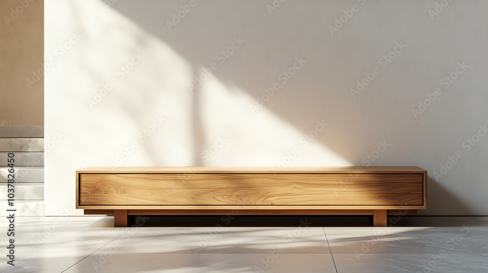 Minimalist wooden bench beneath soft sunlight, casting serene shadows on a smooth floor, exemplifying modern and tranquil interior design. Minimalist wooden bench beneath soft sunlight, casting serene shadows on a smooth floor, exemplifying modern and tranquil interior design.