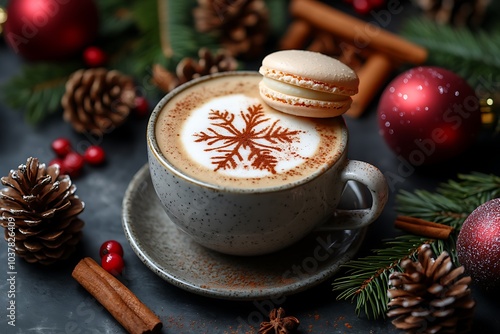 A cappuccino with a Christmas snowflake pattern on top, on the table there are macarons and pine cones, against a dark background