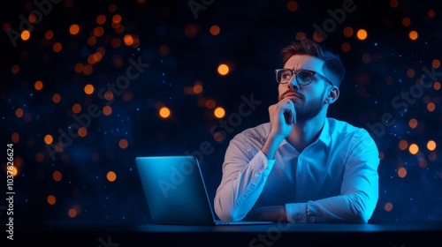 Contemplative man pondering ideas with a laptop in a dreamy setting photo