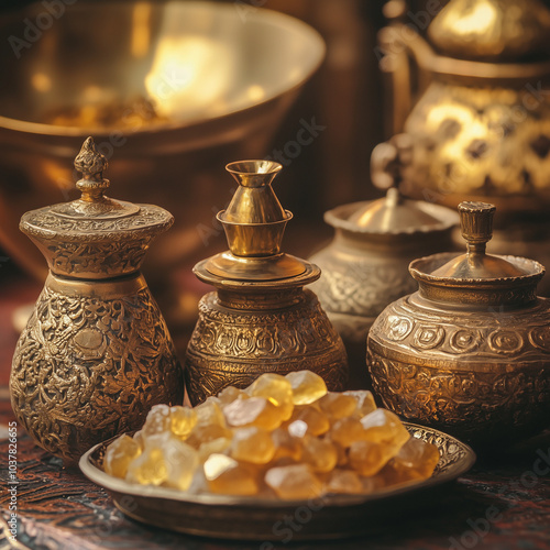 Gifts of the Wise Men: gold coins, frankincense resin, and myrrh in ornate containers, soft natural light highlighting the rich textures and intricate designs, warm and regal atmosphere