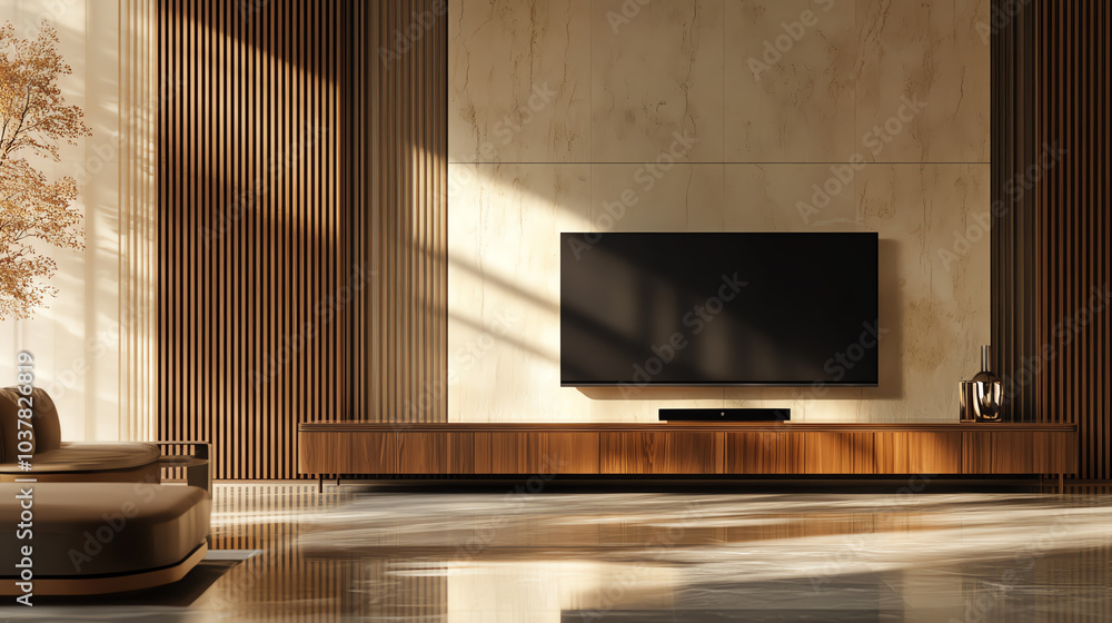 Naklejka premium Modern minimalist living room with wooden accents and a flat-screen TV. Sunlight casts shadows, creating a serene and elegant atmosphere.