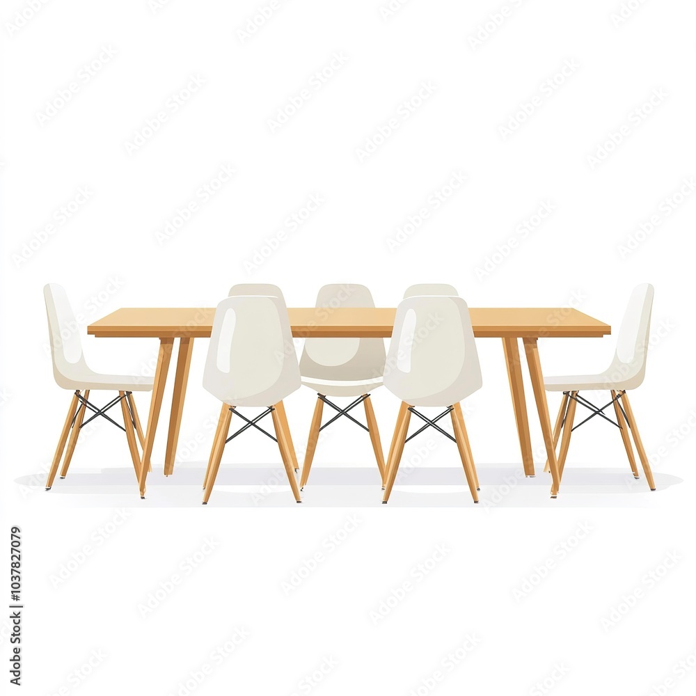 Fototapeta premium A minimalist meeting table with simple chairs, Scandinavian design, flat vector style, light wood tones, isolated on white background 