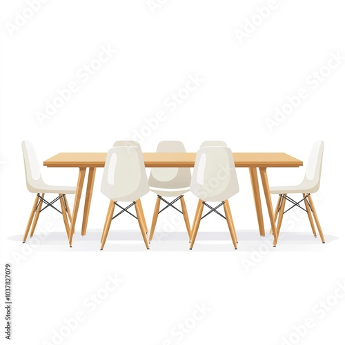 A minimalist meeting table with simple chairs, Scandinavian design, flat vector style, light wood tones, isolated on white background 