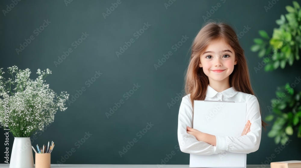 Confident girl holding a clipboard in a bright classroom Confident girl holding a clipboard in a bright classroom
