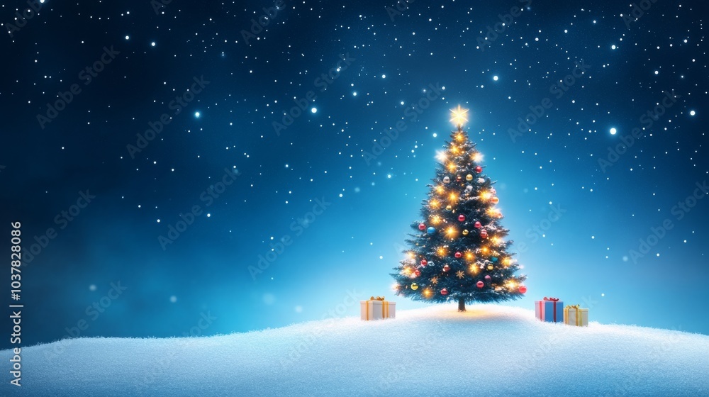 Magical Christmas tree surrounded by snow and gifts Magical Christmas tree surrounded by snow and gifts