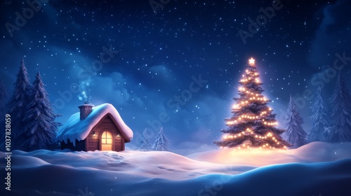 Cozy winter scene with a decorated Christmas tree and cabin