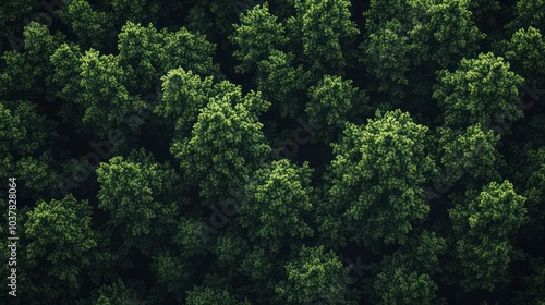 An aerial view of a dense forest canopy, showing lush green foliage.