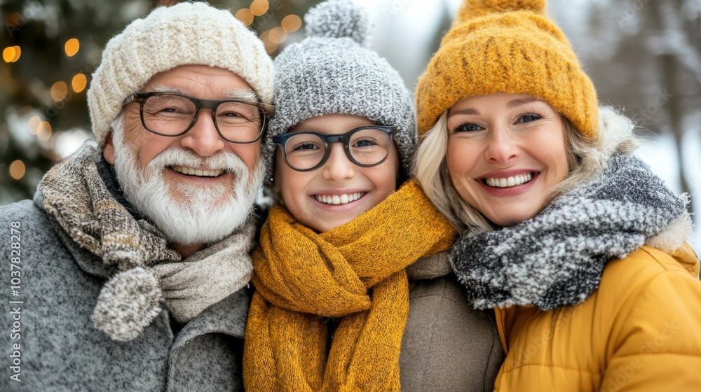 Happy Multi Generational Family Portrait in Winter Smiling Warm Clothing Festive Season Happy Multi Generational Family Portrait in Winter Smiling Warm Clothing Festive Season