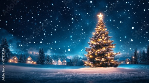 Magical snowy Christmas scene with illuminated tree