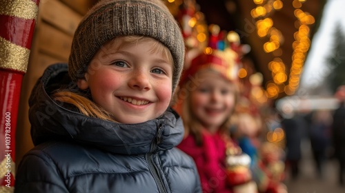 Happy Child Wearing Winter Hat at Christmas Market