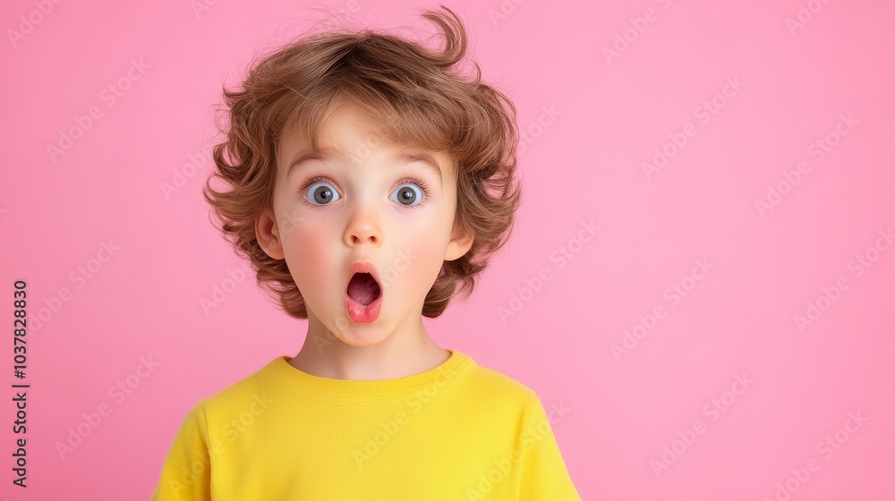 Surprised child with curly hair against a pink background Surprised child with curly hair against a pink background