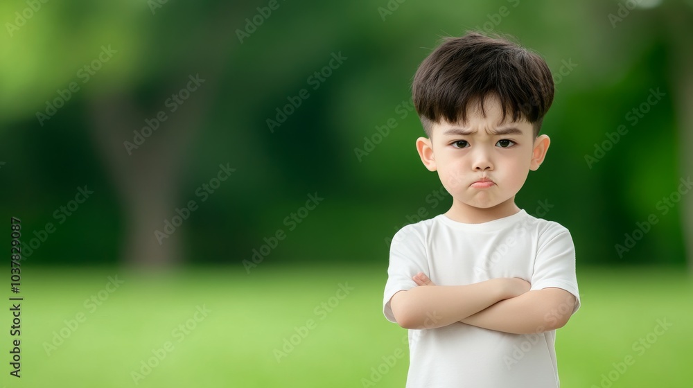 Pouting child with crossed arms in a green outdoor setting Pouting child with crossed arms in a green outdoor setting