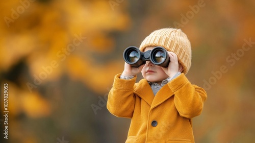 Young child exploring nature with binoculars in autumn photo