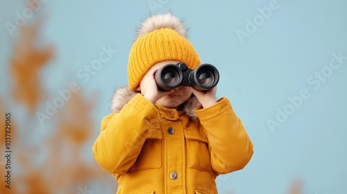 Curious child exploring with binoculars in vibrant winter attire