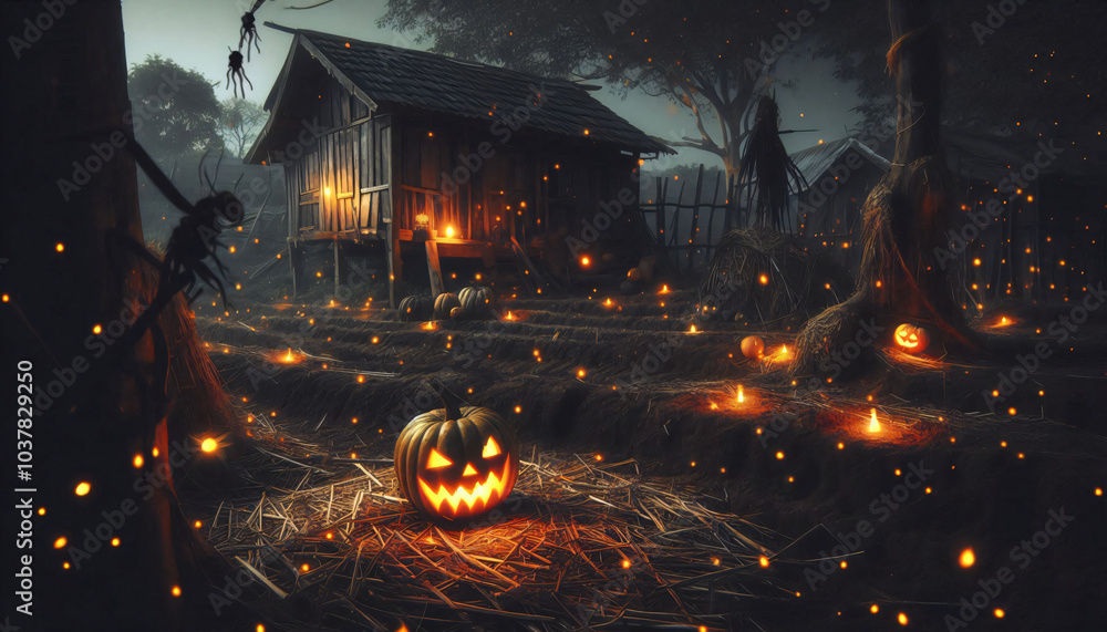 horror haunted halloween atmosphere in traditional rural Thai village at dark, traditional wooden Thai house , farm, river horror haunted halloween atmosphere in traditional rural Thai village at dark, traditional wooden Thai house , farm, river