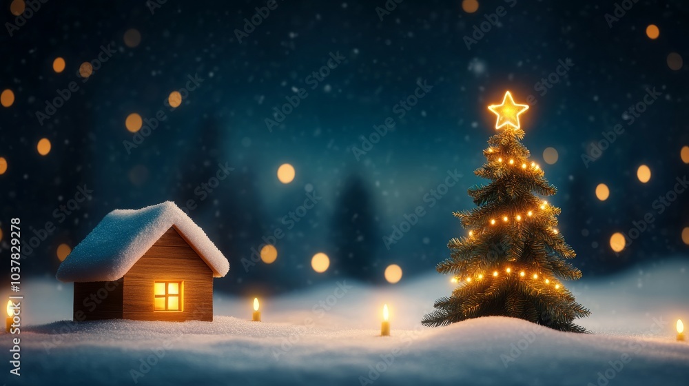 Fototapeta premium Cozy winter scene with a decorated Christmas tree and cabin