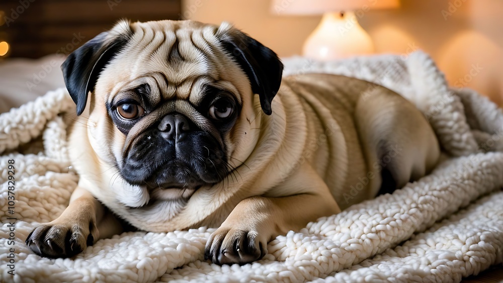 Pug with a Sharp Gaze on Cozy Blanket - 4K Pug with a Sharp Gaze on Cozy Blanket - 4K