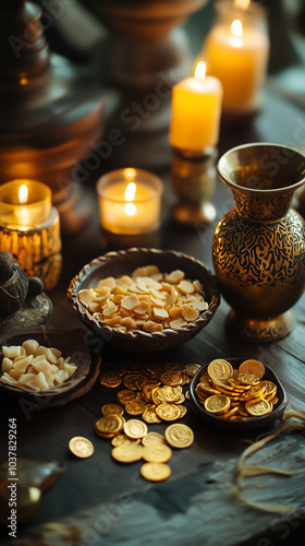The gifts of the Wise Men set on a wooden table: gold coins, frankincense in a carved bowl, and myrrh in an ornate jar, candlelight creating a soft glow